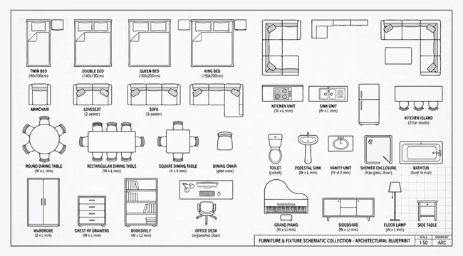Furniture and fixture schematic collection architectural blueprint with dimensions