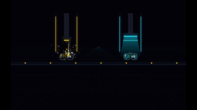 Futuristic VR Interface with Rhythmic Neon Icons and Glowing Particle Effects