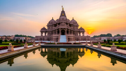 Obraz premium Sunrise Hindu Temple Reflected in Calm Pool