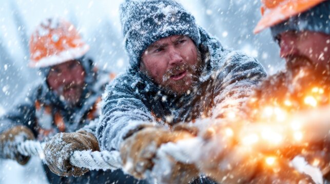 Hardworking men covered in snow pull a rope together, showcasing determination and teamwork amidst a harsh blizzard, highlighting human resilience against nature.