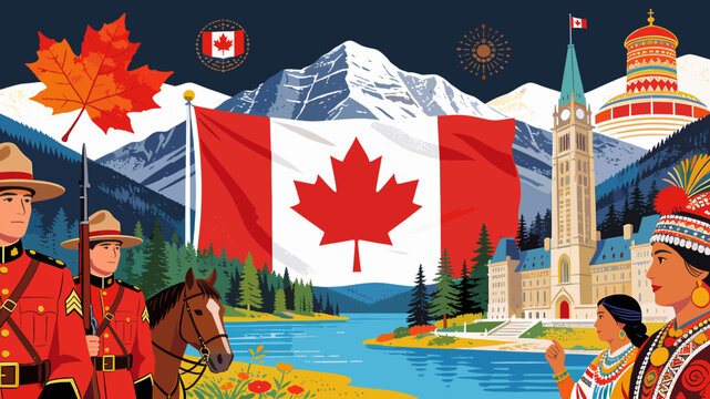 Vibrant illustration showcasing Canadian heritage with Mounties, Indigenous people, the Canadian flag, and iconic landmarks against a mountain backdrop.