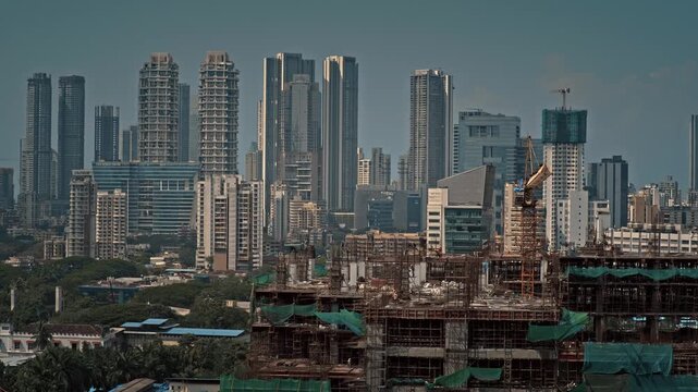 A striking view of modern high-rise buildings dominating the skyline of Mumbai, reflecting rapid urbanisation and architectural development.