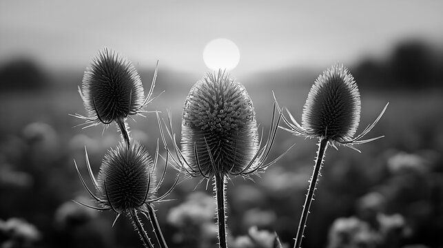 Wild teasel thistle field in black and white during sunset