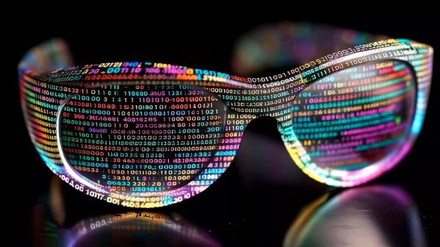 Colorful glasses show binary code on surface, highlighting digital technology and innovation in modern design and art
