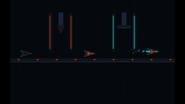 Minimalist Neon Geometric Video Game Animation with Arrow Ships Navigating Obstacles on Dark Grid Background