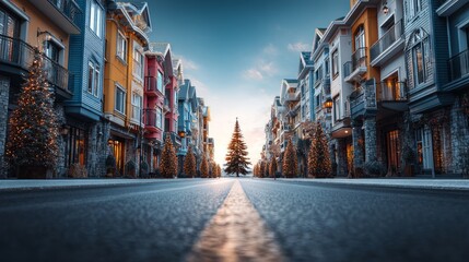 Naklejka premium Festive Neighborhood Street with Christmas Decorations at Sunset