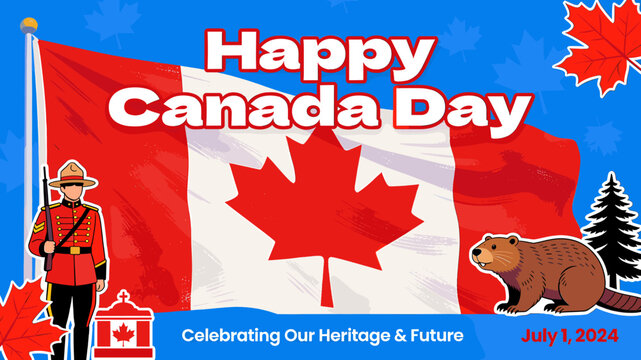Happy Canada Day celebration with Canadian flag, Mountie, beaver, and maple leaves.