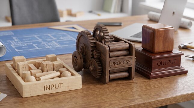 Wooden models illustrating input process output concept on a desk with blueprints and a laptop