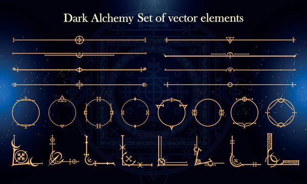 Set of Dark Fantasy Elements for user interface, poster, video. Alchemy magic HUD. Template for rpg game interface. Vector Illustration EPS10