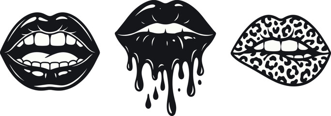 Stylized lip icon illustrations featuring open mouth with tongue, dripping liquid effect, and leopard print textured design © MDGOLAM