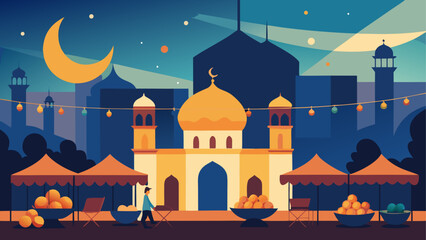 Nighttime scene of mosque and market stalls © sumona