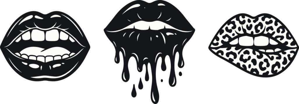 Stylized lip icon illustrations featuring open mouth with tongue, dripping liquid effect, and leopard print textured design