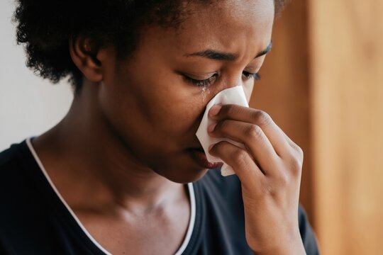 Young African woman cries wiping tears with tissue paper. Sad female person feels sorrow, grief, pain. Woman suffers from cold, flu, or emotional distress.