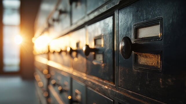 Sunlit safe deposit boxes in a bank vault.