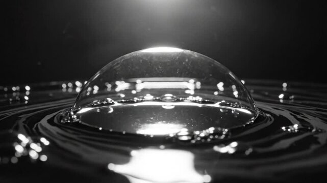 Black and White Close Up View of Water Bubbles Rising and Bursting Creating Circular Surface Waves