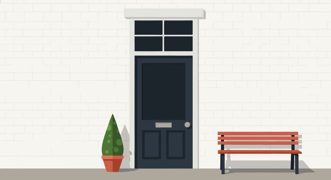 Dark front door with bench and potted plant on facade