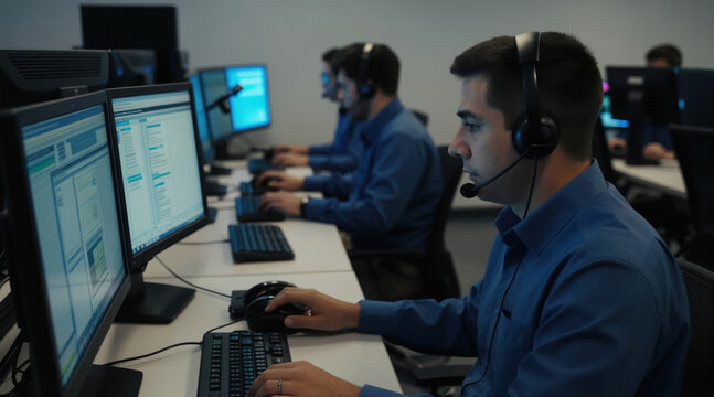 Operators wearing headsets work on computers in a call center. People manage calls and data on screens in a bright office environment. Teamwork and support functions are visible on monitors.
