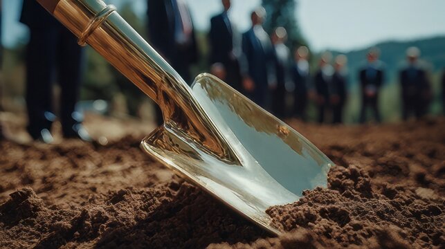 Ceremonial gold-plated groundbreaking shovel used for special construction events, business development launch. 