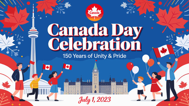 Vibrant Canada Day Celebration poster depicting 150 Years of Unity & Pride with iconic landmarks and joyful people.