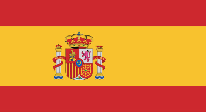Spanish flag displaying national coat of arms on tricolor