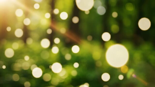 Abstract bokeh lights in green forest at golden hour