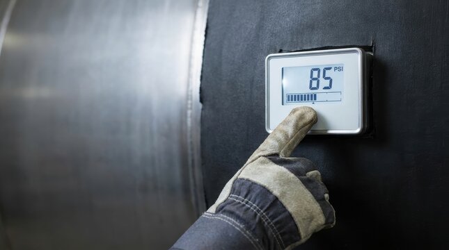 Hand in protective glove presses button on digital gauge displaying 85 PSI