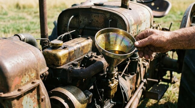 Close up of a man's hand pouring oil into an old rusty tractor engine using a funnel
