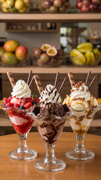 Three delicious ice cream sundaes with whipped cream and toppings in glass bowls. Strawberry, chocolate brownie, and caramel pecan flavors are served on a wooden table in a cafe