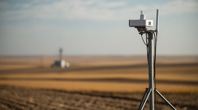 Modern Environmental Monitoring Device on Tripod in Arid Field with Blurred Background and Horizon, Capturing Data Remotely