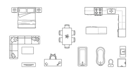 Set of black and white line art furniture icons for floor plan design © S.Siam
