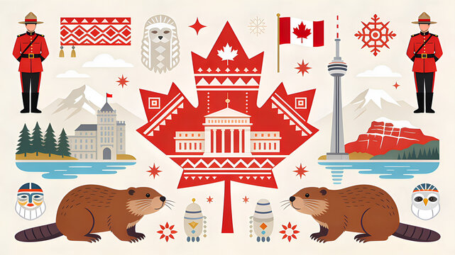 Vibrant Canadian cultural symbols and landmarks illustrated in a folk art style, featuring beavers, Mounties, and iconic buildings.