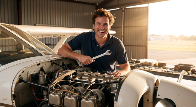 Aircraft mechanic smiling while working on a small plane engine. Professional aviation maintenance in a hangar