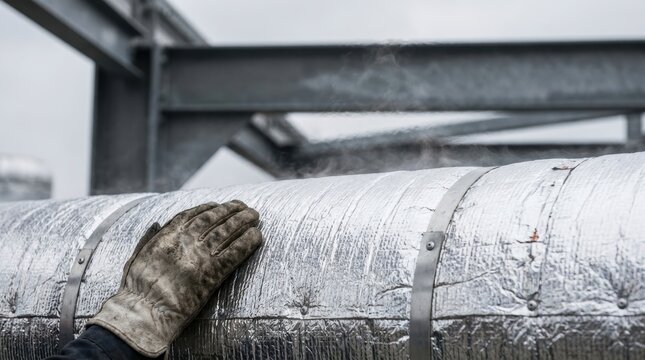 Gloved hand touches heavily insulated pipe emitting steam under metal framework