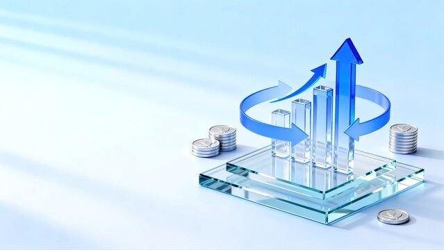 Blue transparent ascending bar chart with circular rotating arrow and silver coins represents growing business profit and continuous financial development