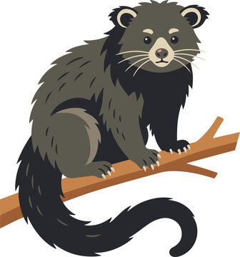 Cute cartoon-style bearcat (binturong) sitting on a tree branch, vector wildlife illustration isolated on white background.