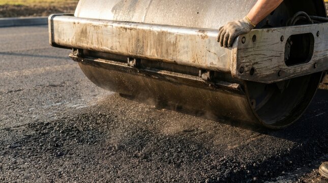 Heavy roller compacting fresh asphalt on a road construction site mechanic