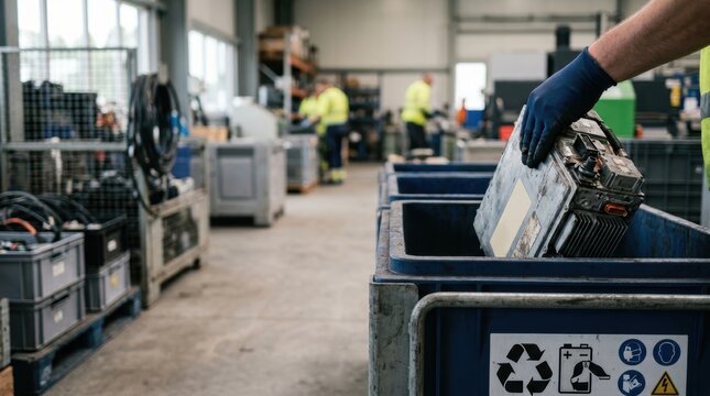 Hand wearing blue glove places used battery into recycling bin in industrial facility