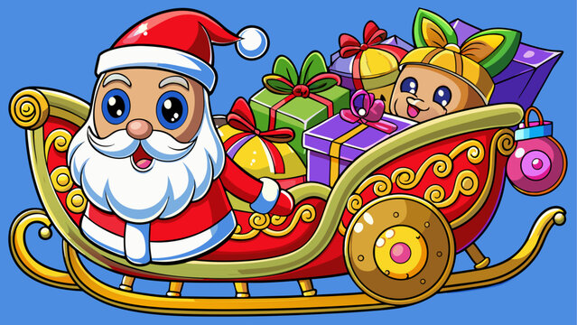 Cartoon santa in a sleigh with gifts galore