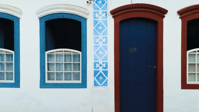 Street level view of colonial colorful windows, doors with decorative patterns and bicycle in historic center fo Paraty, Brazil. Travelling lateral camera movement