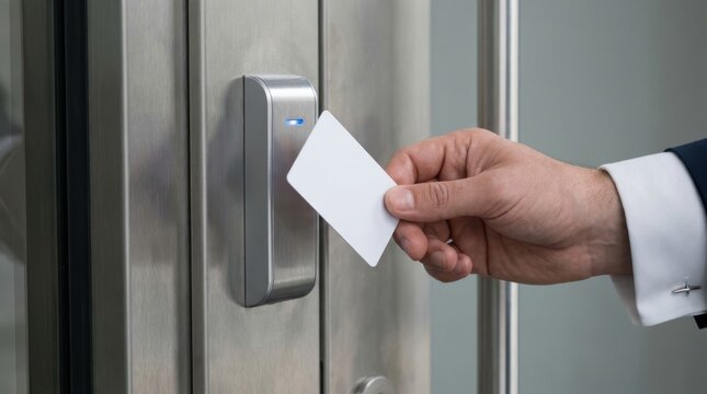 Man in suit using access card to open modern building door with reader