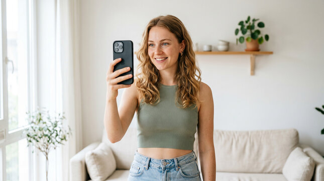 young caucasian woman taking selfie in bright living room with houseplants and natural light