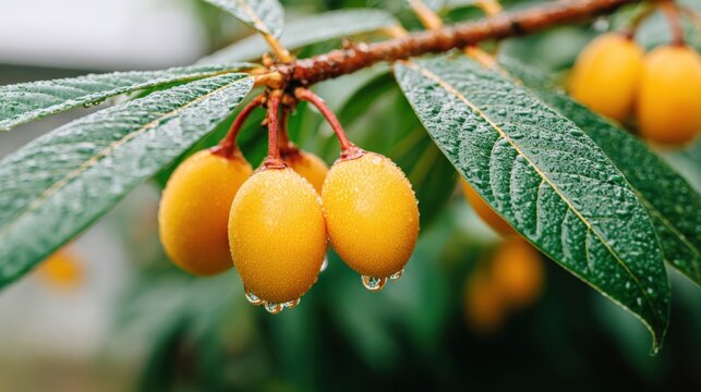 Close-up of ripe yellow loquat fruits with water droplets on green leaves after rain