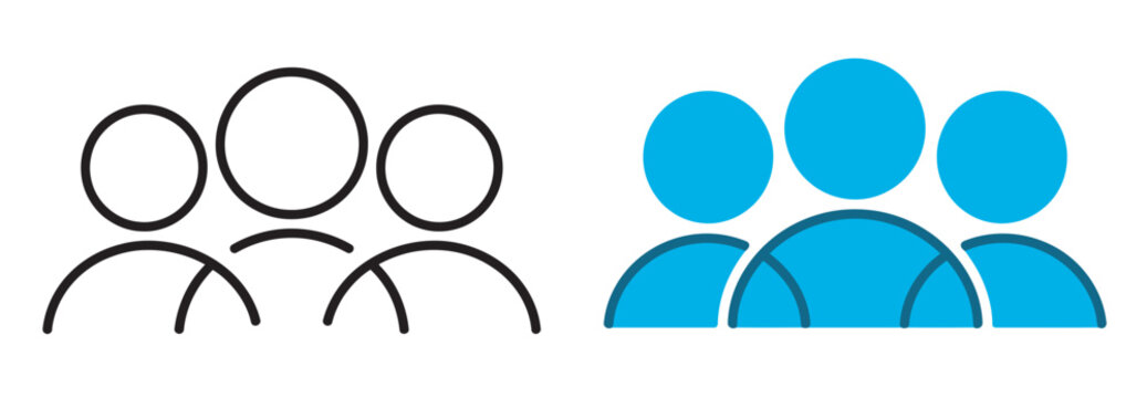 Minimalist group of people icon set featuring outline and flat blue user profile designs