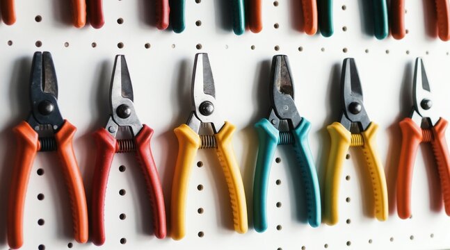 Assorted colorful garden pruners neatly arranged on a white pegboard wall. Various shears for trimming plants and hedges hung in a clean workshop. Tools for horticulture maintenance. Gardening.