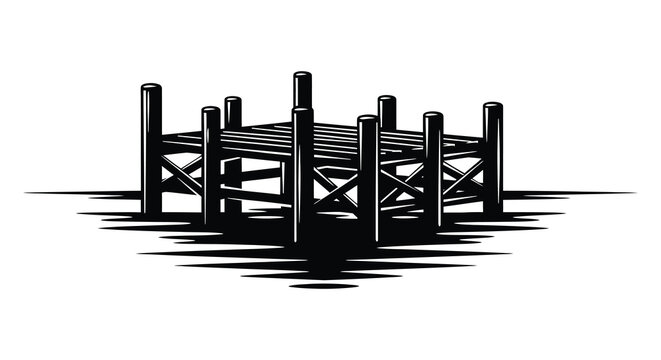 Wooden pier structure with cross bracing in black silhouette high quality professional detailed modern elegant stylish clean crisp vibrant colorful digital