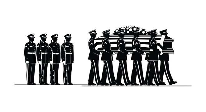Funeral procession with pallbearers and honor guard in black silhouette high quality professional detailed modern elegant stylish clean crisp vibrant colorful