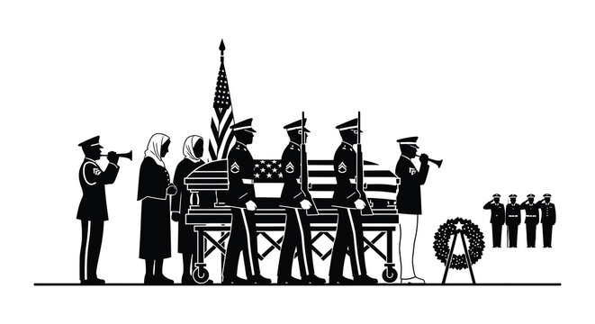 Military funeral procession with honor guard and flag somber remembrance in silhouette high quality professional detailed modern elegant stylish clean crisp