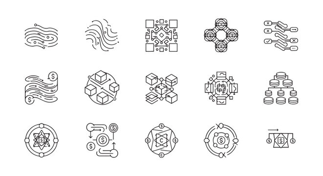Blockchain Technology and Fintech Data Network Vector Icon Set