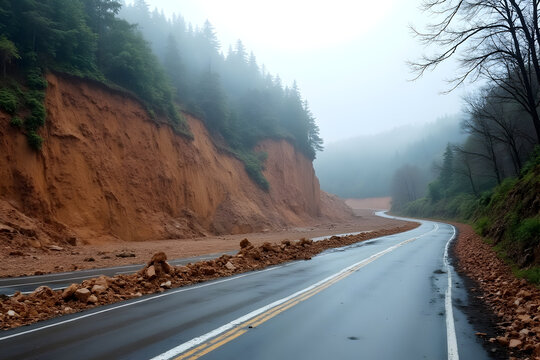 Landslide Along Curved Mountain Road After Rainstorm
