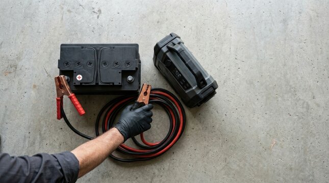 A person in black gloves holding jumper cable clamps near car battery and jump starter pack